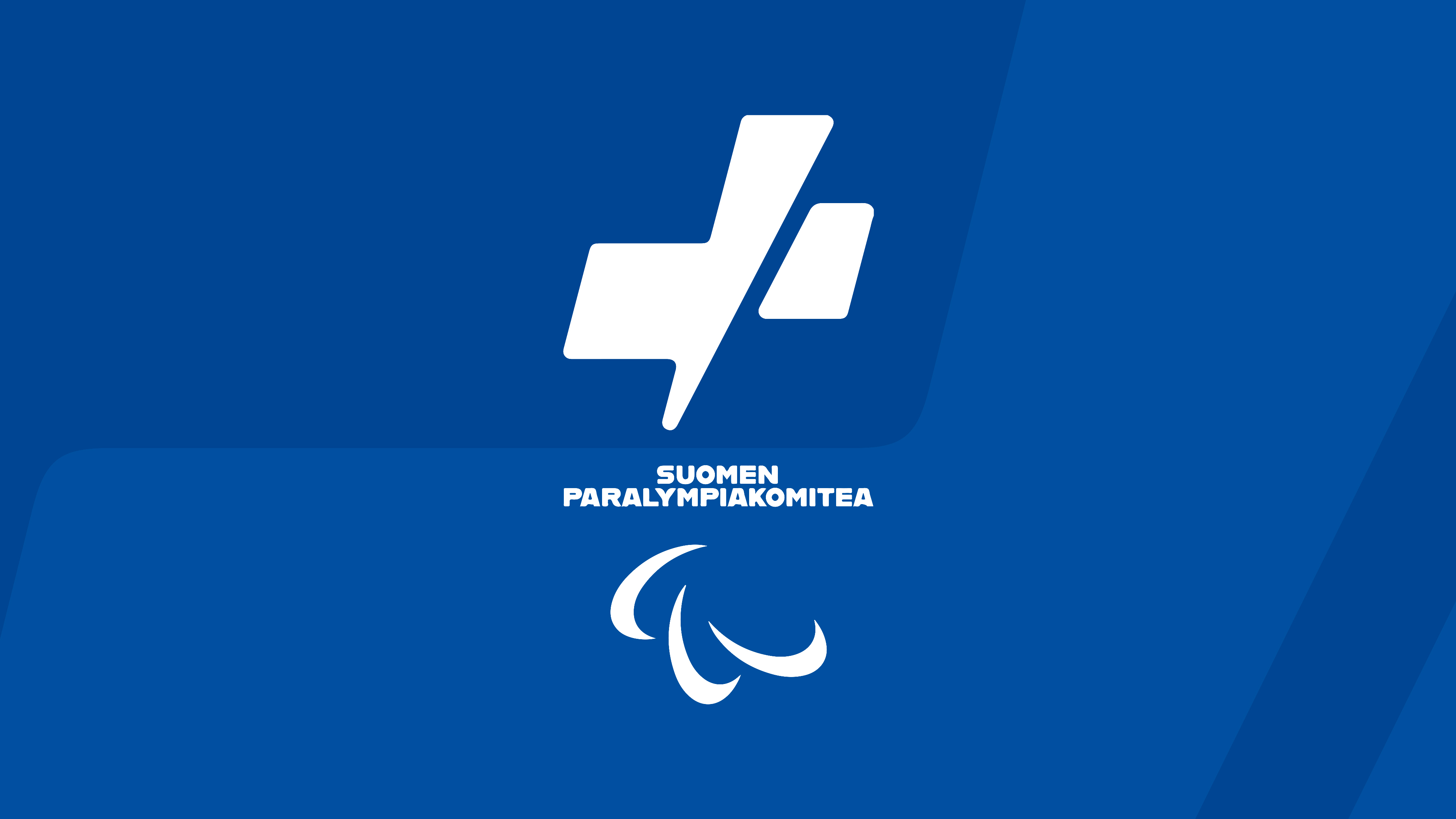 Sinisellä taustalla valkoinen Suomen Paralympiakomitean logo.