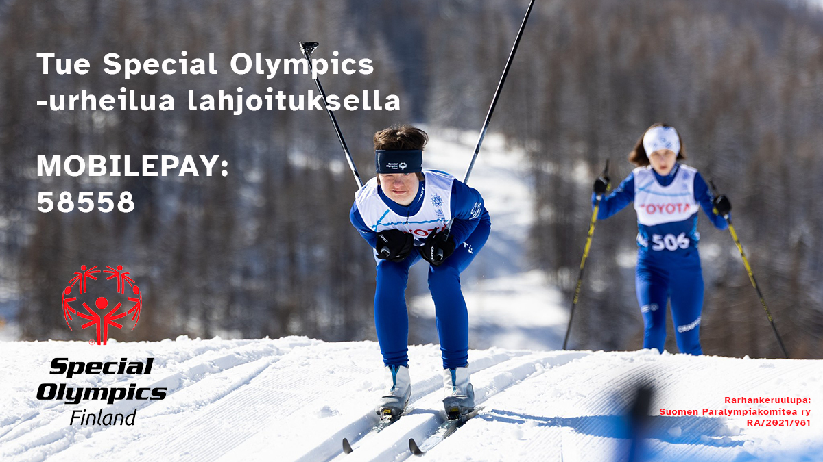 Sisujengin naishiihtäjiä aurinkoisella ladulla. Special Olympics Finland -logo ja tekstit: Tue Special Olympics -urheilua - MOBILEPAY 58558. Rahankeruulupa: Suomen Paralympiakomitea ry, RA/2021/981.